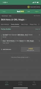Best365 Mobile parlay builder