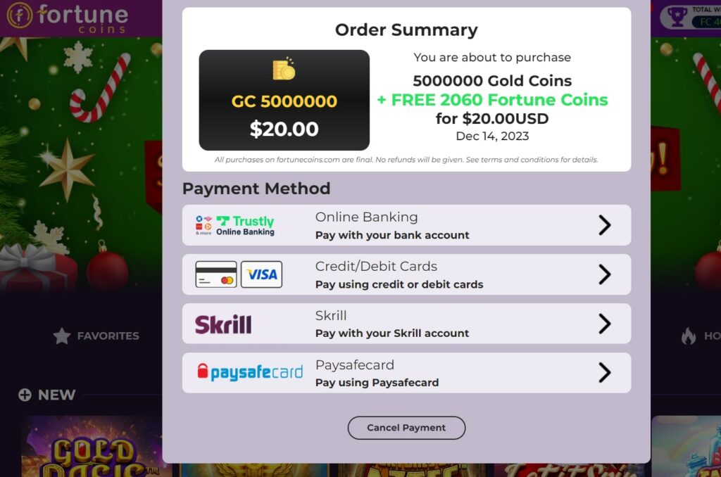 Fortune Coins Payment Methods