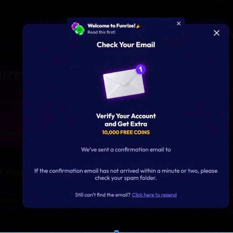 Funrize Registration Step 2 - email verification