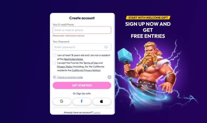 Funrize registration step 1