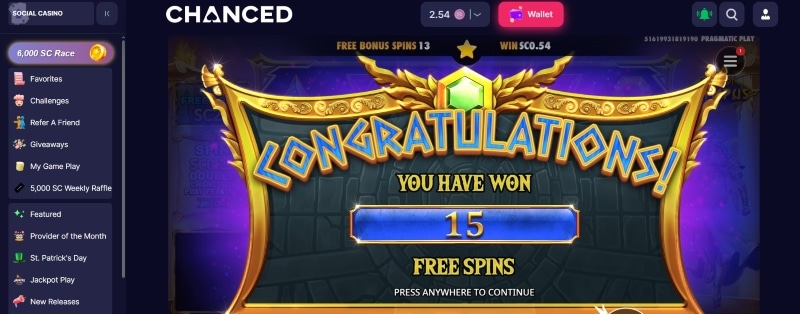 Chanced free spins winnings