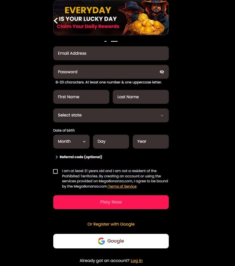 Mega Bonanza Registration Screen 1