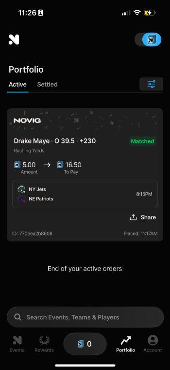 Novig active bets mobile