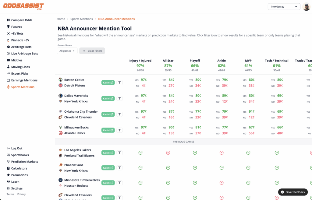 Odds Assist Pro Sports Mention Tool – NBA – Desktop