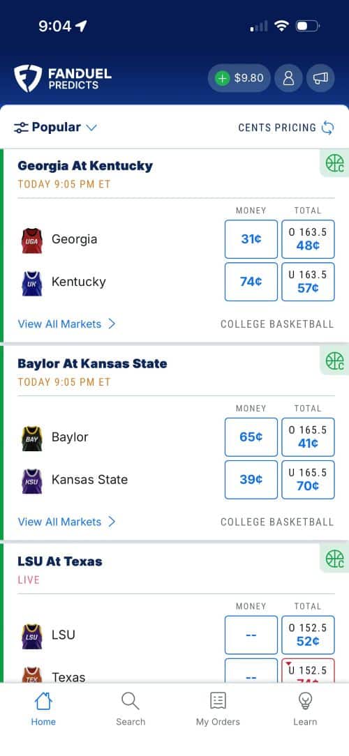 FanDuel Predicts NCAAB game listing