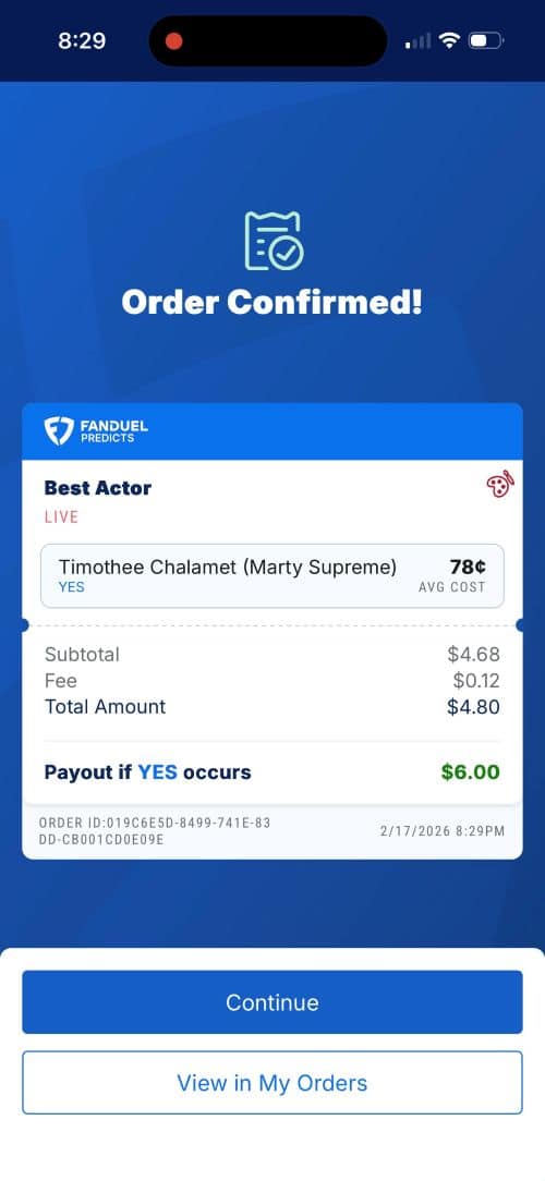 FanDuel Predicts order confirmation Oscars