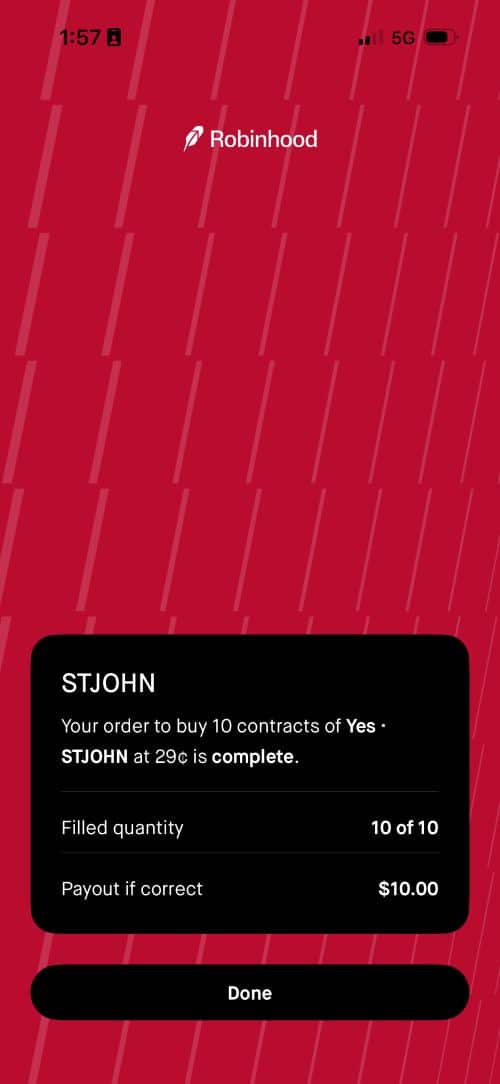 Robinhood St John order confirmation